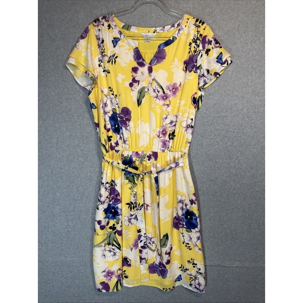Christopher & Banks Yellow Floral Tie Belt MIDI SunDress Short‎ Sleeve XL